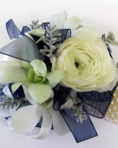 Blue & White Wristlet with matching Boutonniere