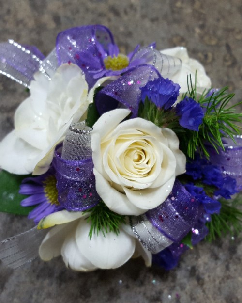 Purple & White Wrist Corsage and boutonniere