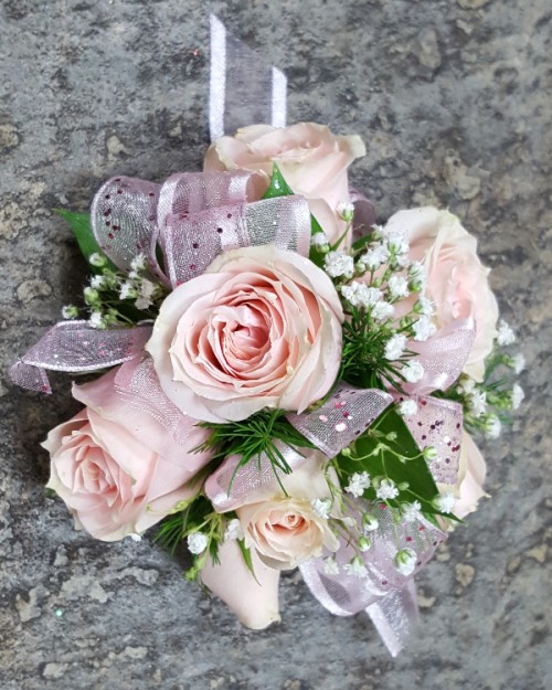 Light Pink Wrist Corsage and Free Boutonniere