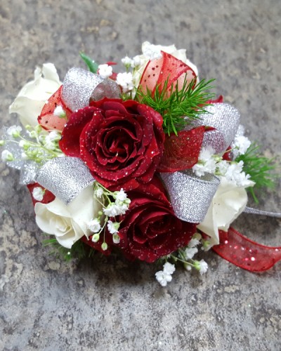 Red &  White Wrist Corsage with Boutonniere